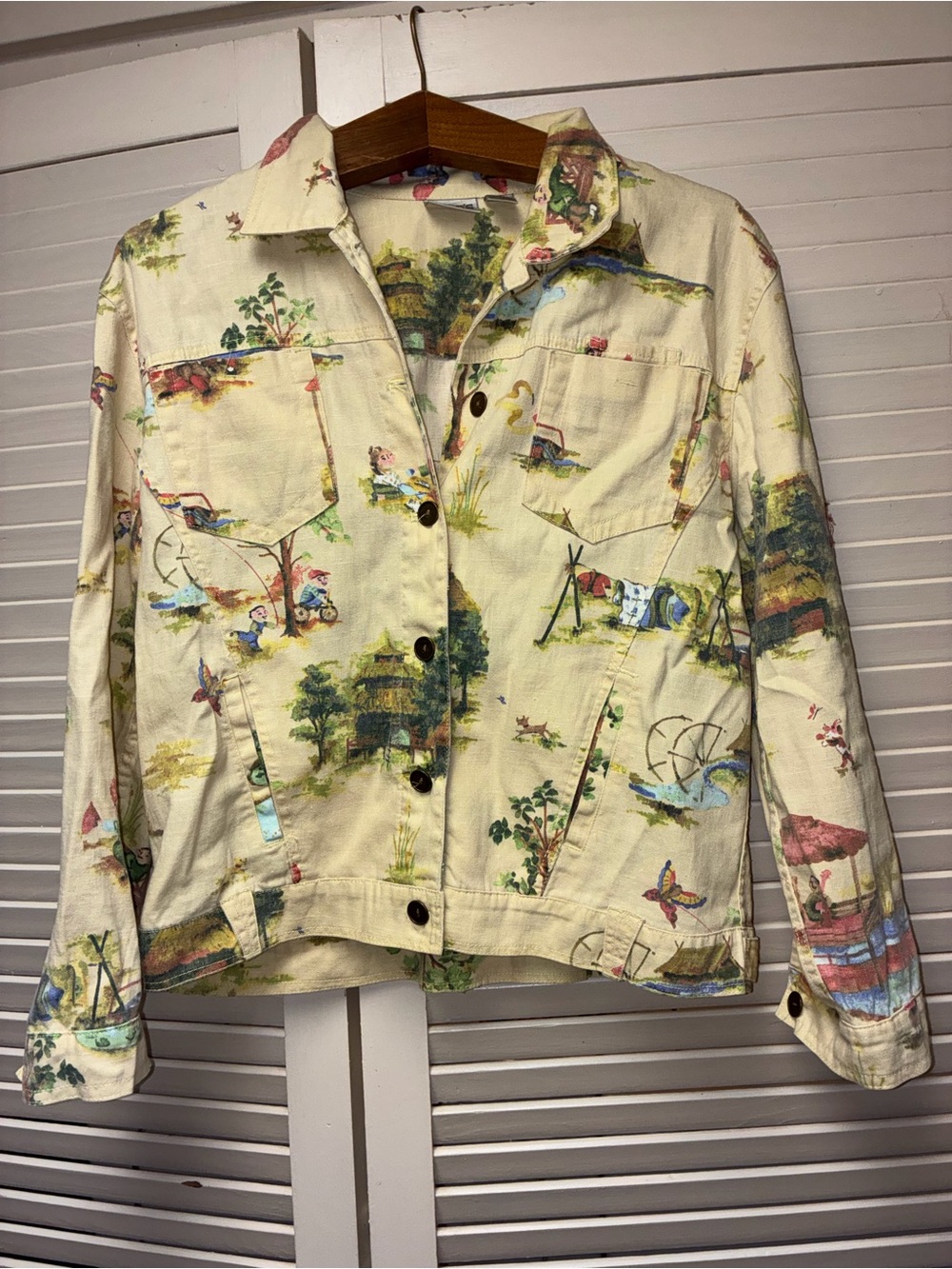 Vintage Women's Chico's Cream Scenic Print Button-Front Jacket